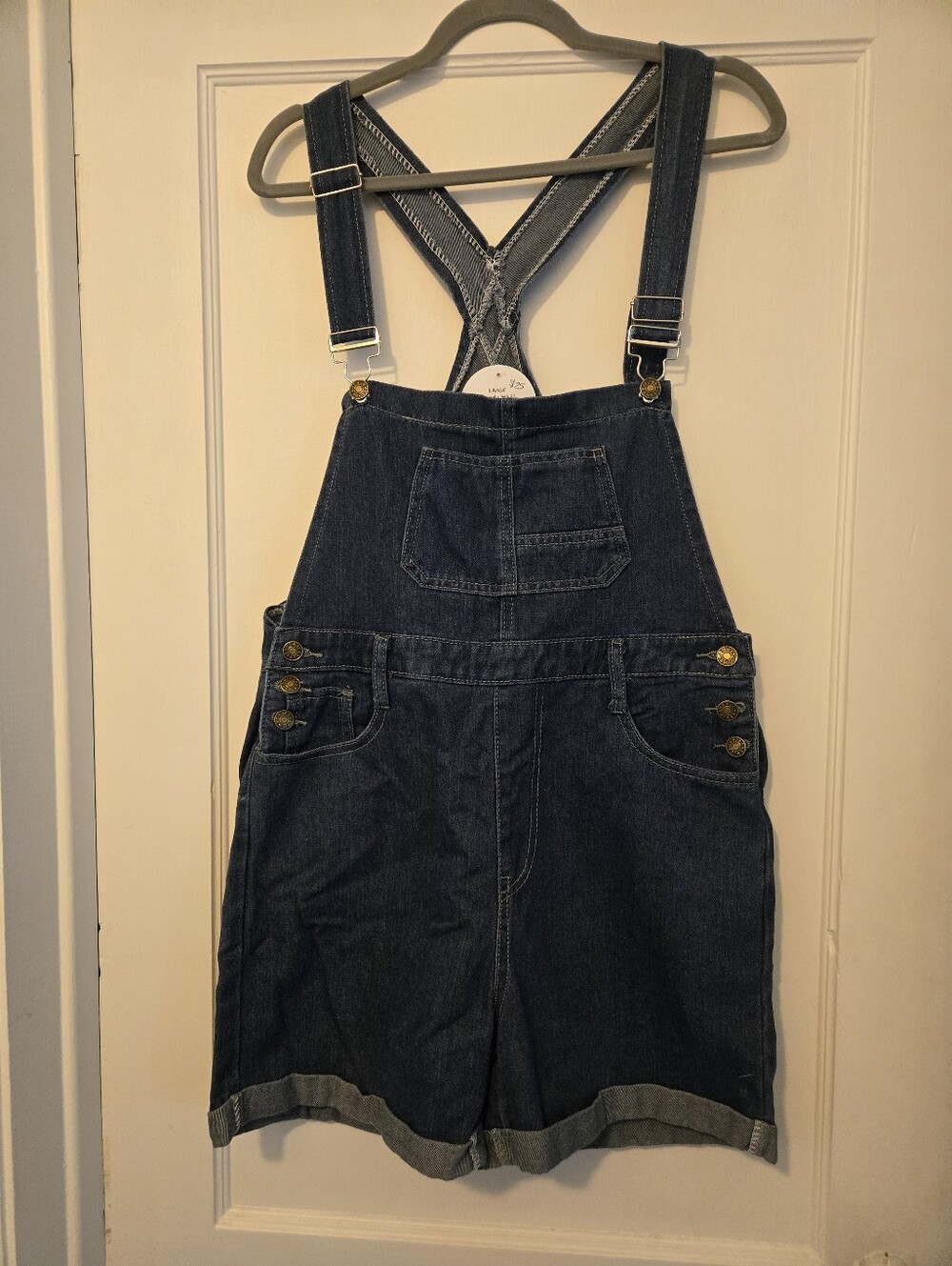 NWOT Denim Short Overalls Romper Dark Wash Distressed Cuff Large